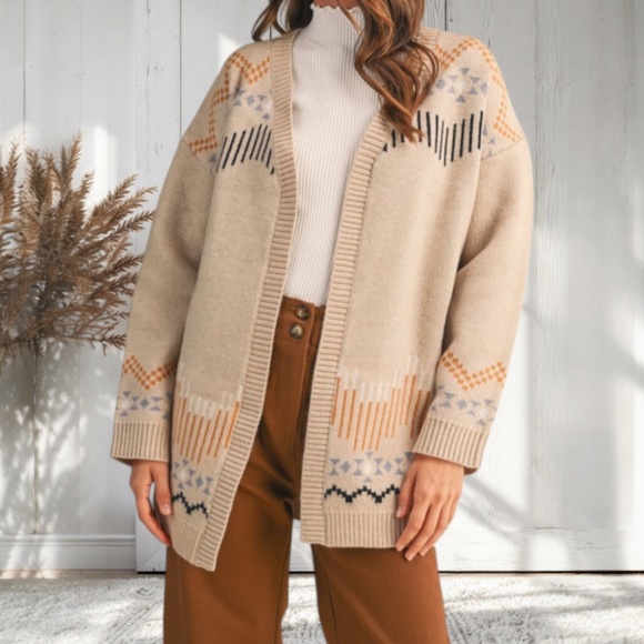 Beige Taupe Western Horse Knit Relaxed Oversized Fit Cardigan Sweater Fall - Picture 2 of 3